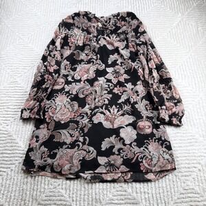 LOFT Dress Petite XXS Black Pink Floral Print Boho Sheer Sleeve Mini Brunch Date